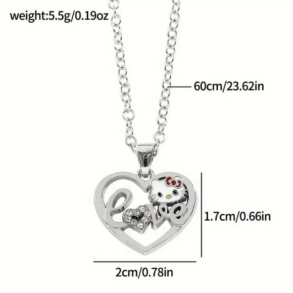 Necklace Hello Kitty Love Heart Enamel Sanrio Rhinestones Silver Goth Emo Scene - Picture 3 of 3